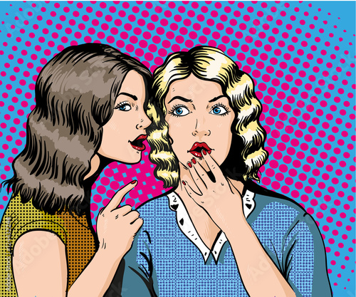 Pop art retro comic vector illustration. Woman whispering gossip or secret to her friend