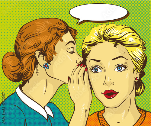 Pop art retro comic vector illustration. Woman whispering gossip or secret to her friend.