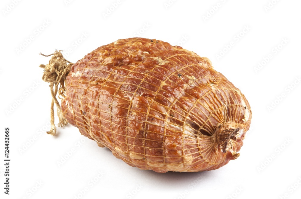 Smoked boneless pork ham hock wrapped in netting isolated on white 