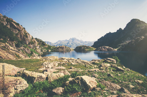 Morning Landscape of beautiful Lake with Rocky Mountains Summer Travel tranquil scenic view