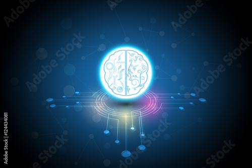 Brain on white circle with blue background. network connection concept