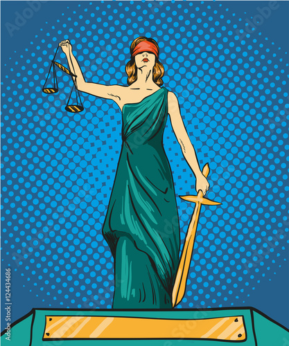 Statue god of justice Themis. Femida with balance and sword. Vector illustration in pop art comic retro style. Law legal concept