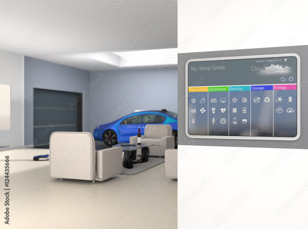 Home automation control panel on the wall. 3D rendering image. Home automation control panel on the wall. 3D rendering image.