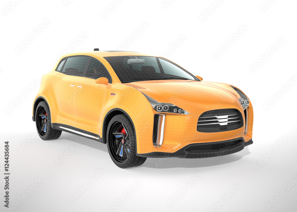 Yellow SUV with wireframe isolated on gray background. 3D rendering image with clipping path.