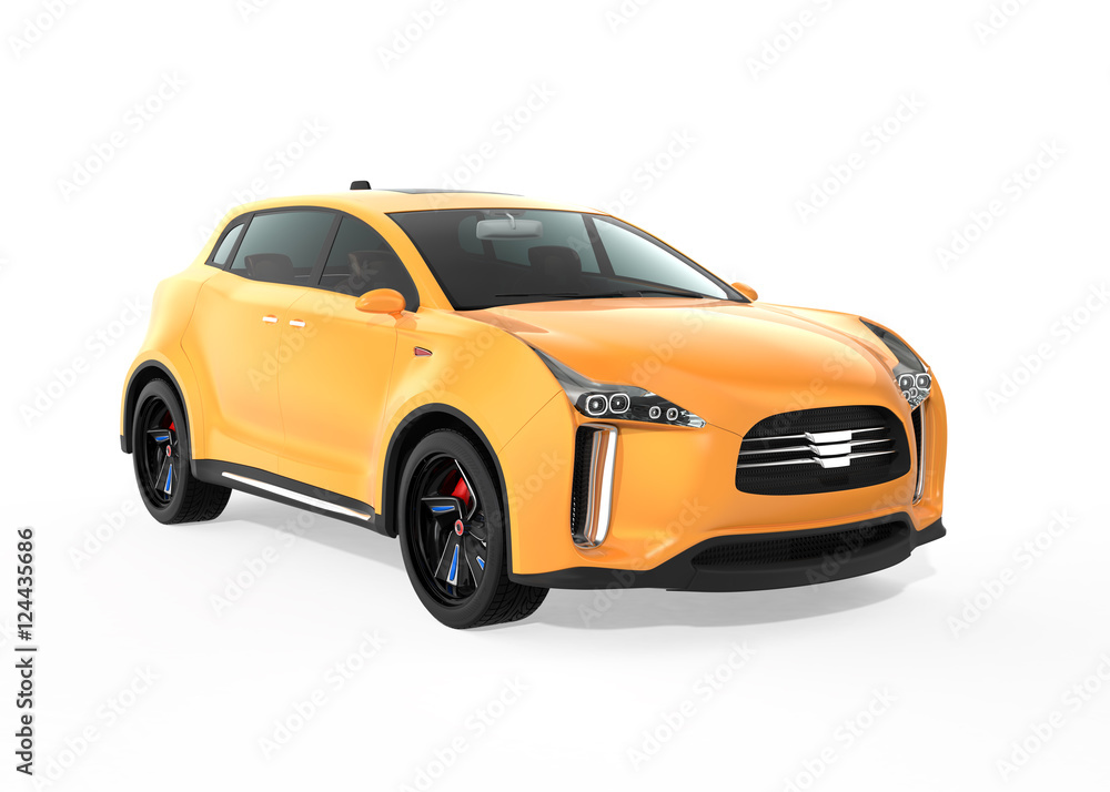 Yellow electric SUV concept car isolated on white background. 3D rendering image with clipping path.