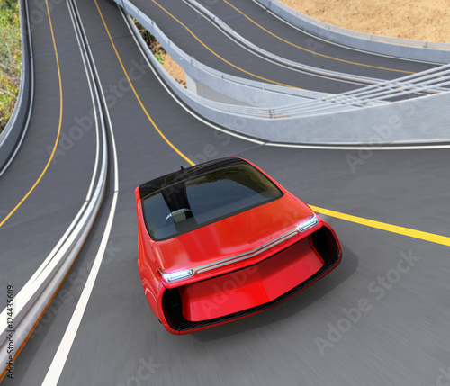 Front view of red electric car driving on loop bridge. 3D rendering image.