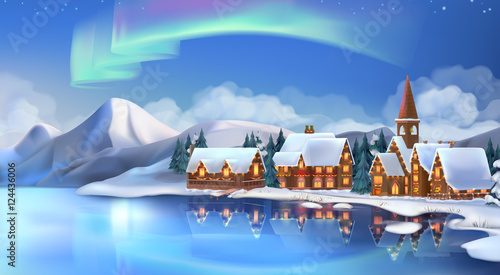 Winter landscape. Christmas cottages. Festive Christmas decorations. New Year background. 3d vector illustration