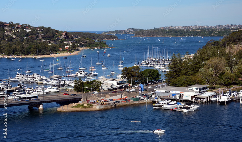 The Spit, Spit bridge, moored yachts and Sydney Harbour in the background.