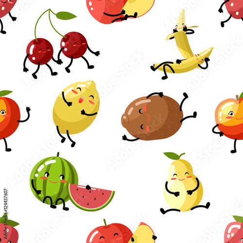 Cute fruit apple cherry watermelon kiwi strawberry lemon peach pear banana healthy food cartoon children characters flat design icons seamless pattern background vector illustration