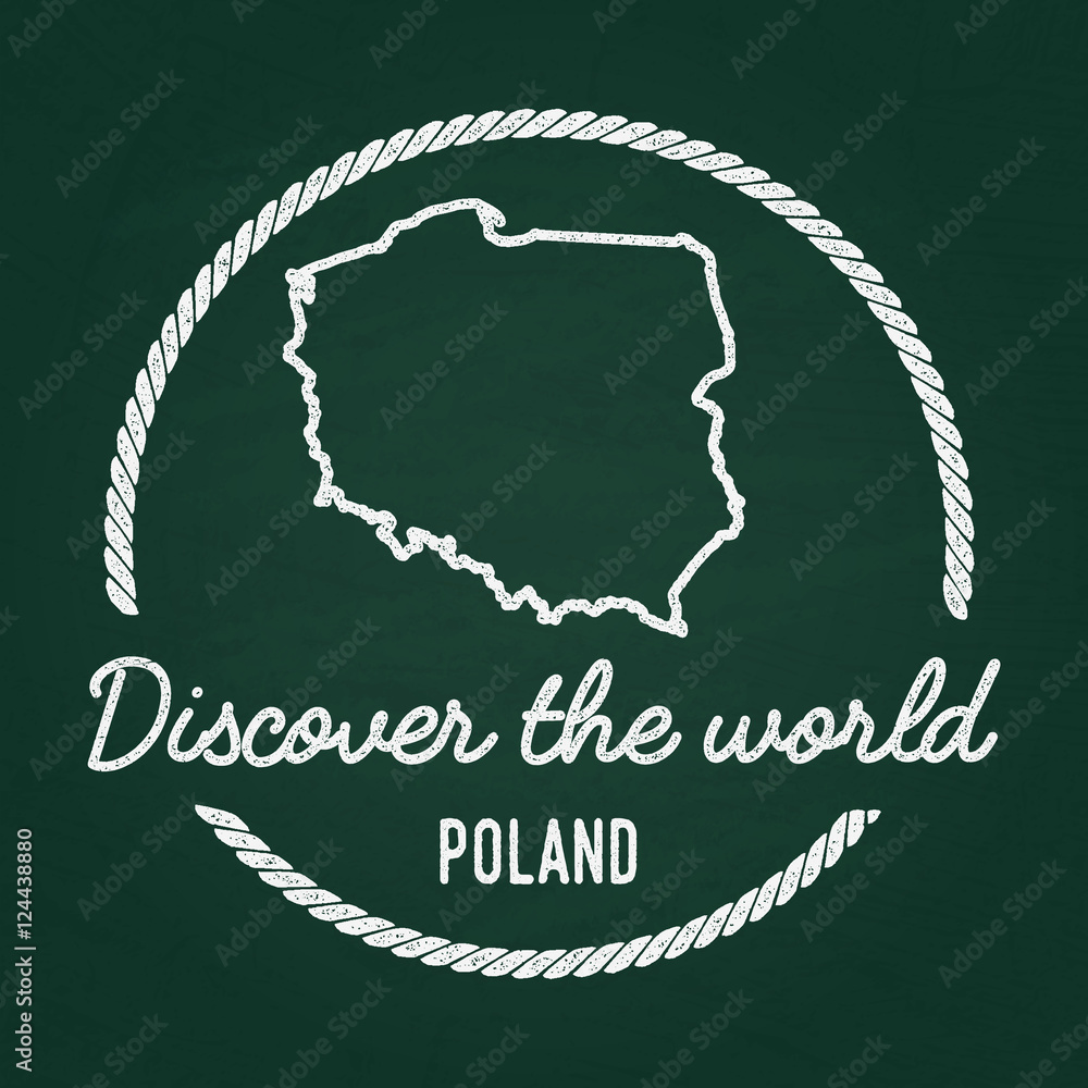 Naklejka premium White chalk texture hipster insignia with Republic of Poland map on a green blackboard. Grunge rubber seal with country outlines, vector illustration.