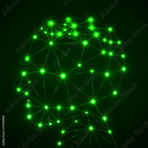 Abstract polygonal head with glowing dots and lines, network connections