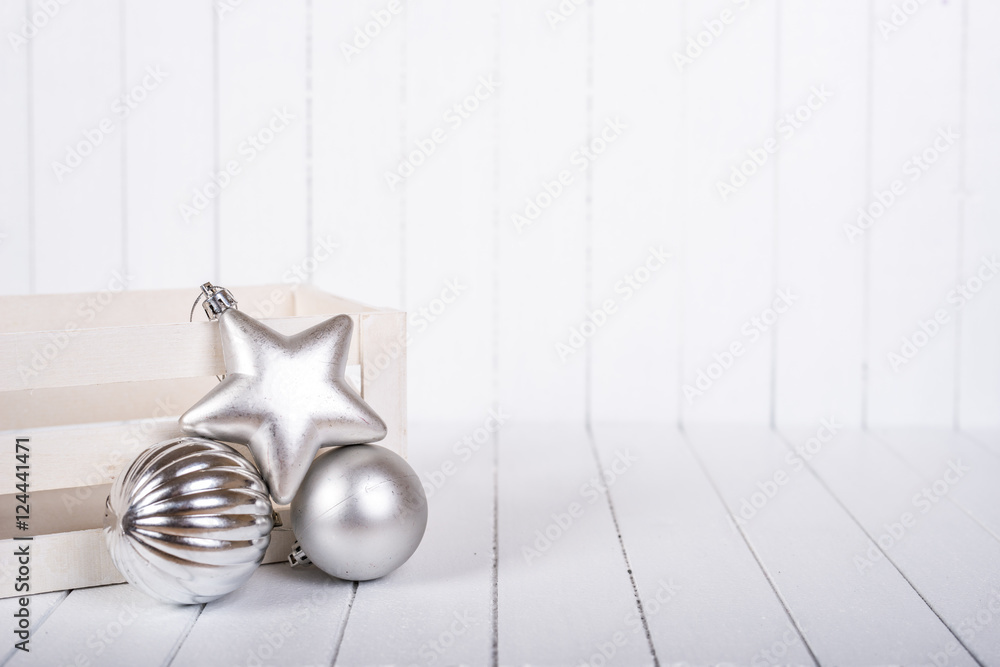 Christmas decoration over white striped background - selective focus, copy space Christmas decoration over white striped background - selective focus, copy space