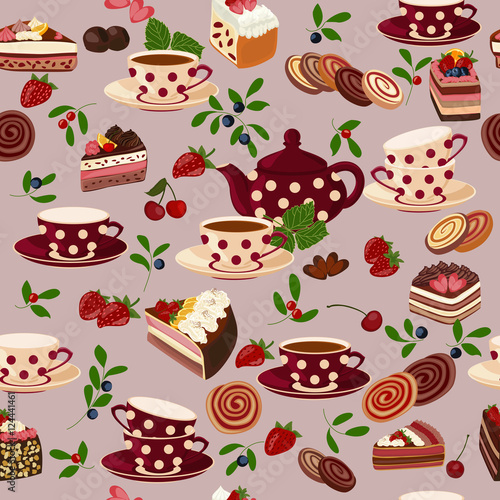 Seamless pattern with teapots, cups, sweets and berries.