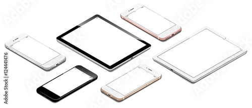 different smartphones and tablets mixed in isometric perspective