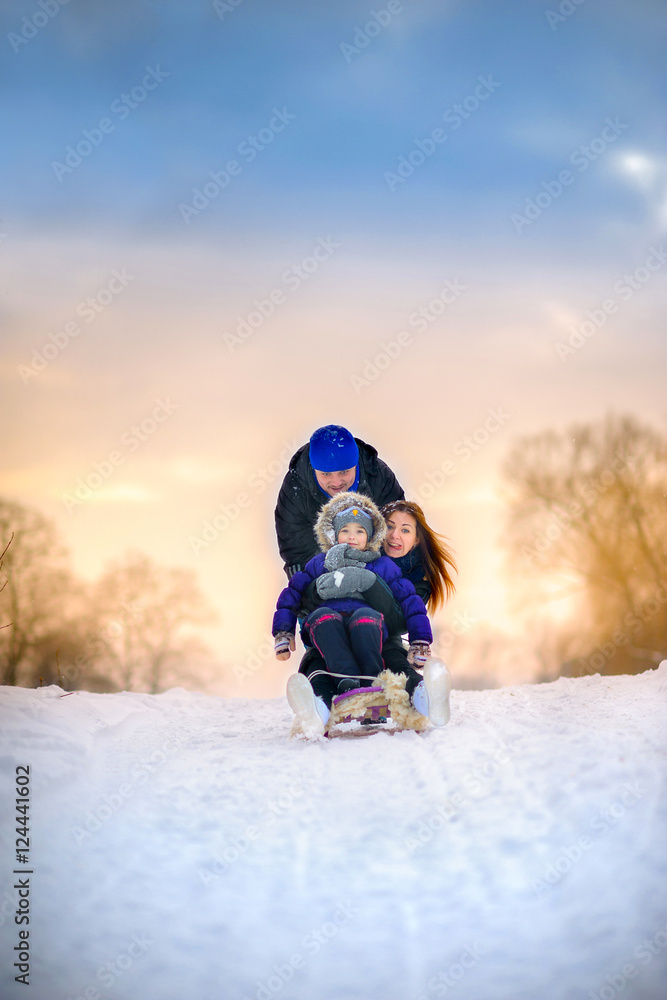 family rides the sledge in the wood