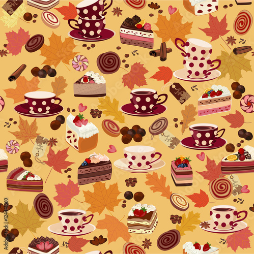 Seamless pattern with cups  candy  and autumn leaves.