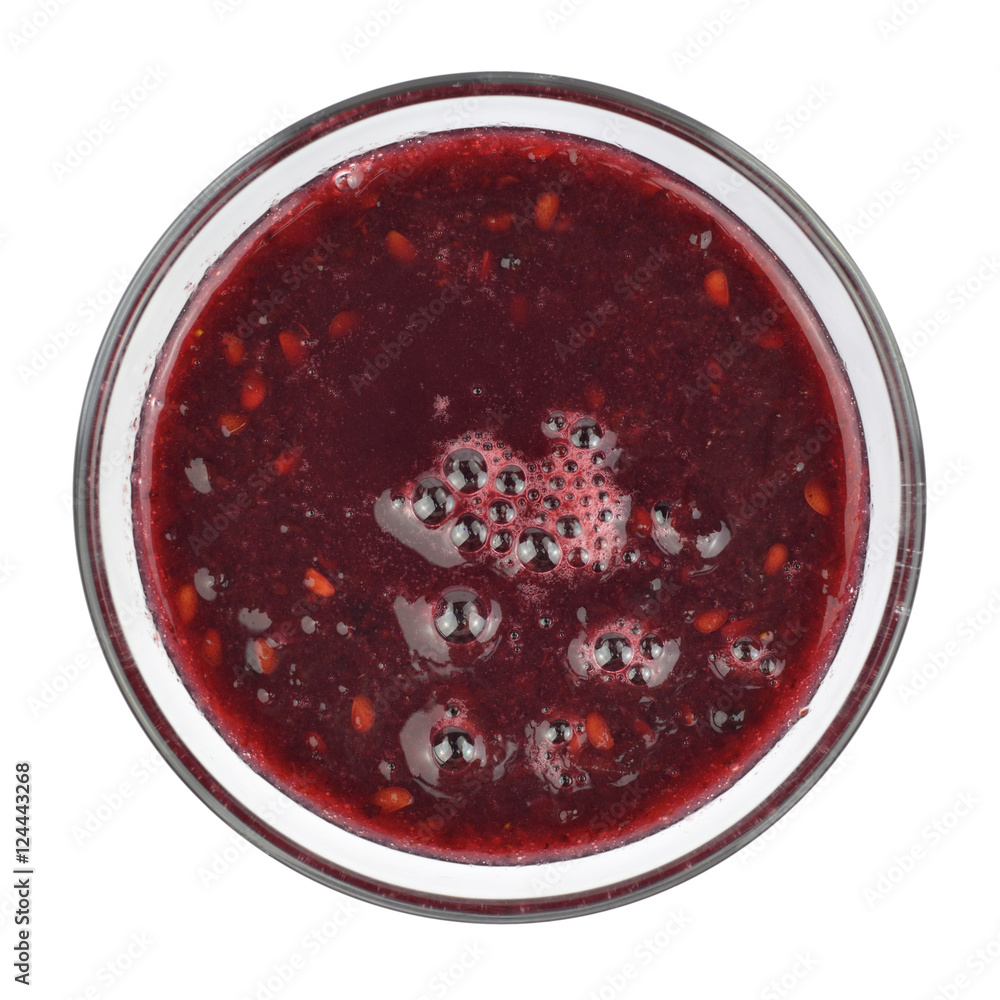 Fresh, just made, blackberry smoothie isolated on white - bird's-eye view