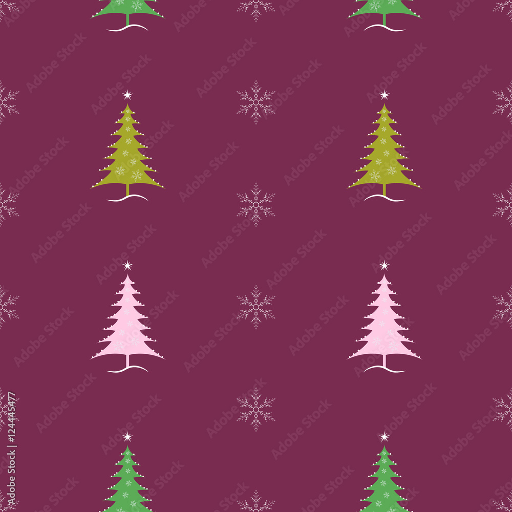 Christmas and New Year seamless pattern with fir-trees on dark lilac background