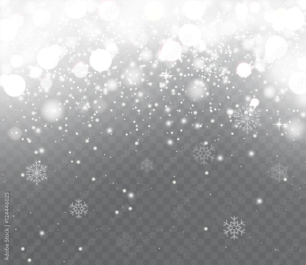 Falling snow with snowflakes on transparent background. Winter snowfall. Holiday Lights Happy New Year and Merry Christmas.