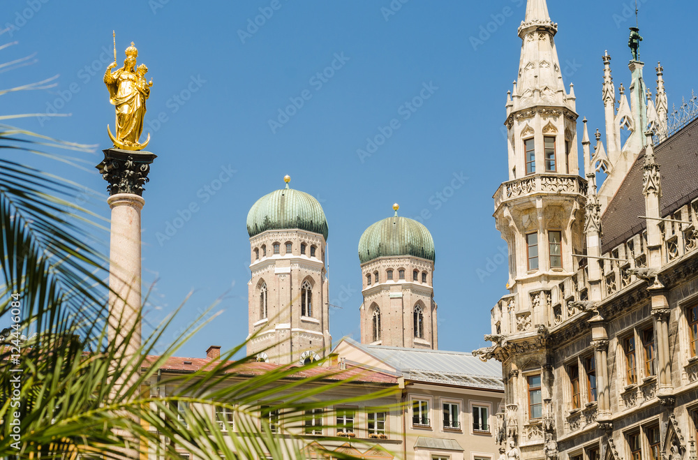 Closeup of the towers of Frauenkirche church in Munich, Germany