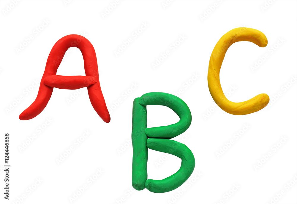 the first letters of the Latin alphabet from bright colored plasticine on a white isolated background the first letters of the Latin alphabet from bright colored plasticine on a white isolated background