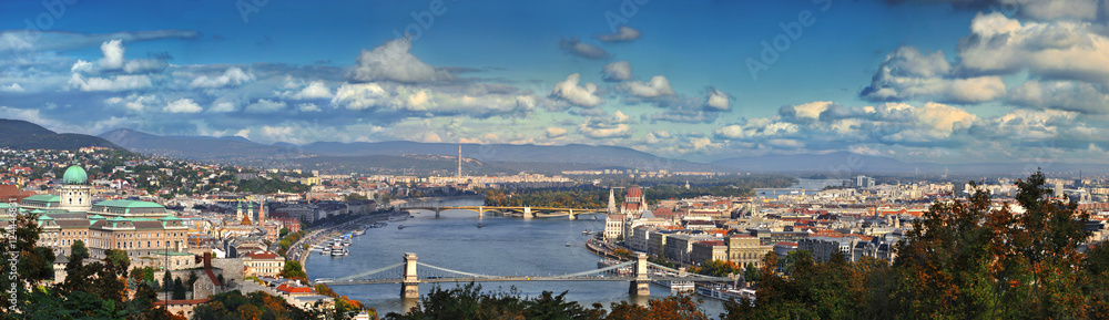 Budapest Hungary. Panorama view from the hill Gellet on the Danube and the two parts of Budapest