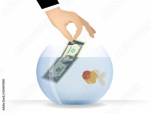 business man feeding paper money cash US dollar to goal fish in bowl, business risk illustration vector graphic design concept