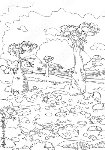 Hand drawing ornamental landscape trees and stones