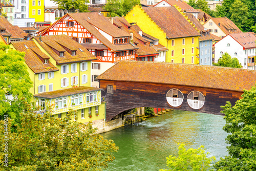 Landscape view on Baden old town with river and bridge in Switzerland photo