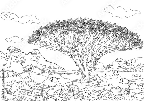 Hand drawing ornamental landscape trees and stones