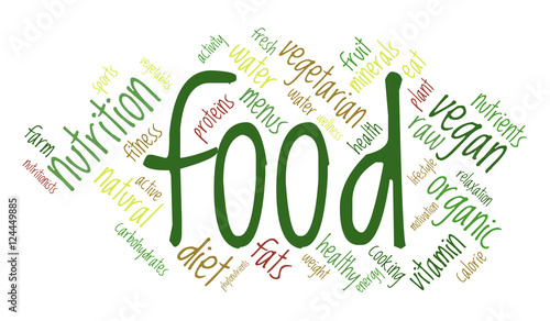 Food word cloud, white background, healthy lifestyle concept.
