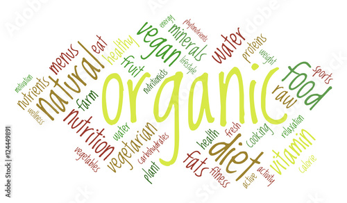Organic word cloud, white background, healthy lifestyle concept.