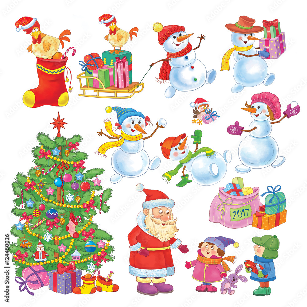New 2017 Year. Christmas. Small set of cute Christmas characters. Christmas tree, Santa Clause, cute boy and girl, snowmen. Funny cartoon characters isolated on white background.