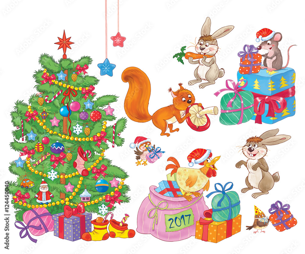New 2017 Year. Christmas. Set of cute funny Christmas pictures. Christmas tree, big bag full of Christmas gifts, cute rooster, hares, rat, sparrow and squirrel. Funny cartoon characters isolated.