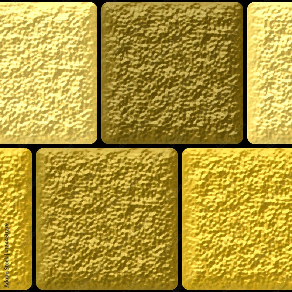 Fototapeta premium Gold and brown seamless pattern of squares. Gold, brown and yellow grained pattern of bricks on a black background