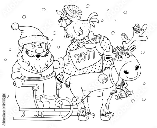 New 2017 Year. Christmas. Greeting card. Cute funny Santa in the sledge with reindeer, rooster and bag with Christmas gifts. Coloring book. Coloring page. Funny cartoon characters. Year of rooster © Hasmik