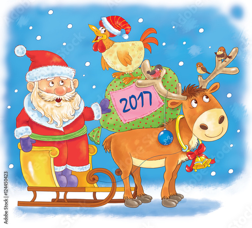 Fototapeta Naklejka Na Ścianę i Meble -  New 2017 Year. Christmas. Greeting card. Cute funny Santa in the sledge with reindeer, rooster and bag with Christmas gifts. Coloring book. Coloring page. Funny cartoon characters. Year of rooster