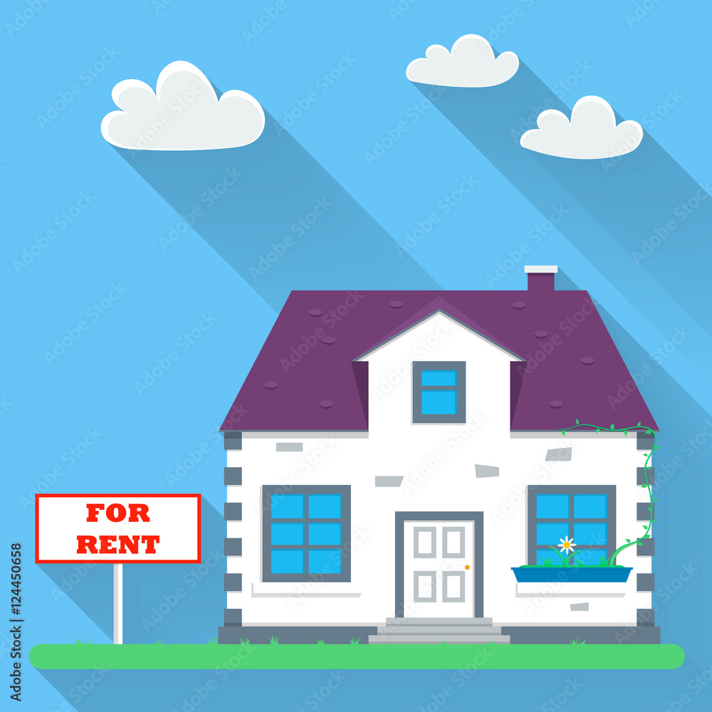 Flat real estate rental. House with a sign for rent. Vector illustration