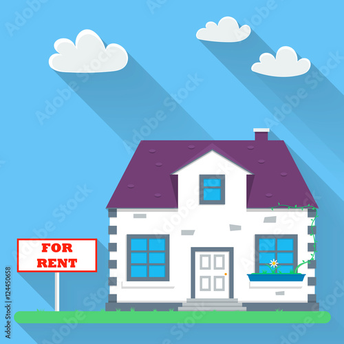 Flat real estate rental. House with a sign for rent. Vector illustration