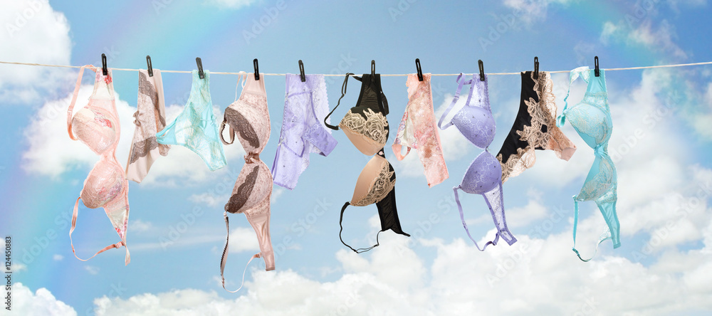 lingerie sets drying on the clothesline - obrazy, fototapety, plakaty 