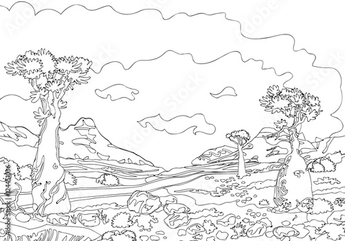 Hand drawing ornamental landscape trees and stones