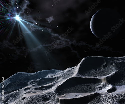 Fototapeta Naklejka Na Ścianę i Meble -  the asteroid's surface. View from the asteroid. the star and the planet.