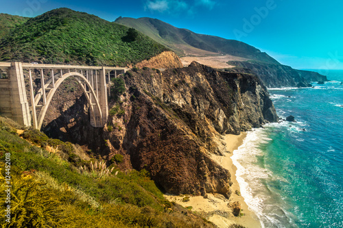 Bixby Creek Bridge on Pacific Coast Highway #1 at the US West Coast traveling south to Los Angeles, Big Sur Area, California