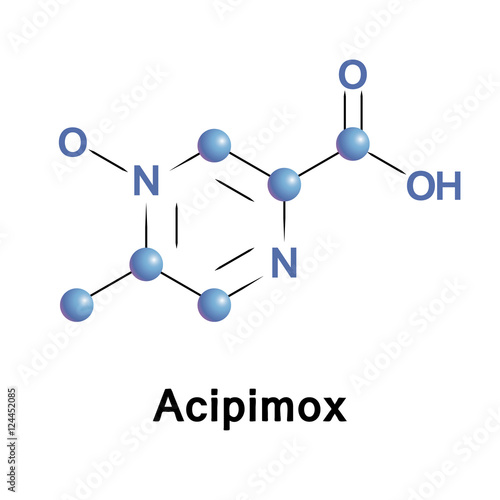 Acipimox is a niacin derivative used as a lipid-lowering agent. It reduces triglyceride levels and increases HDL cholesterol. Medical vector illustration.