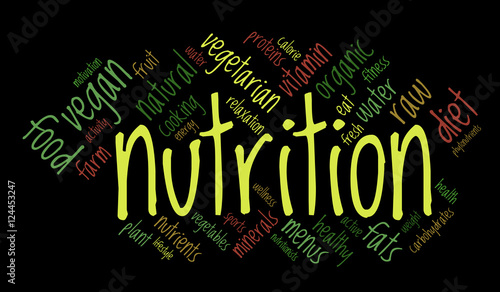 Nutrition word cloud, color fonts, black background, healthy lifestyle concept.