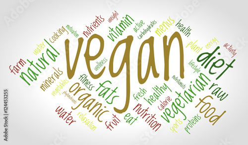 Vegan word cloud, color fonts, gradient background, healthy lifestyle concept.