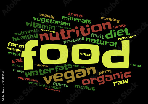 Food word cloud, color fonts, black background, healthy lifestyle concept.