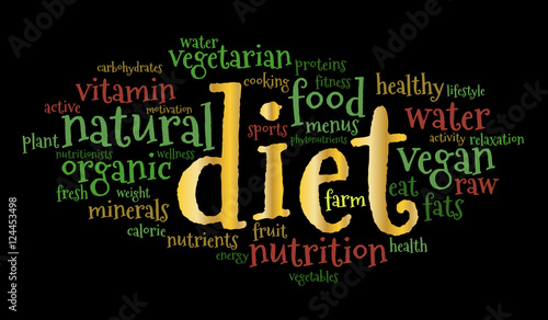 Diet word cloud, color fonts, black background, healthy food concept.