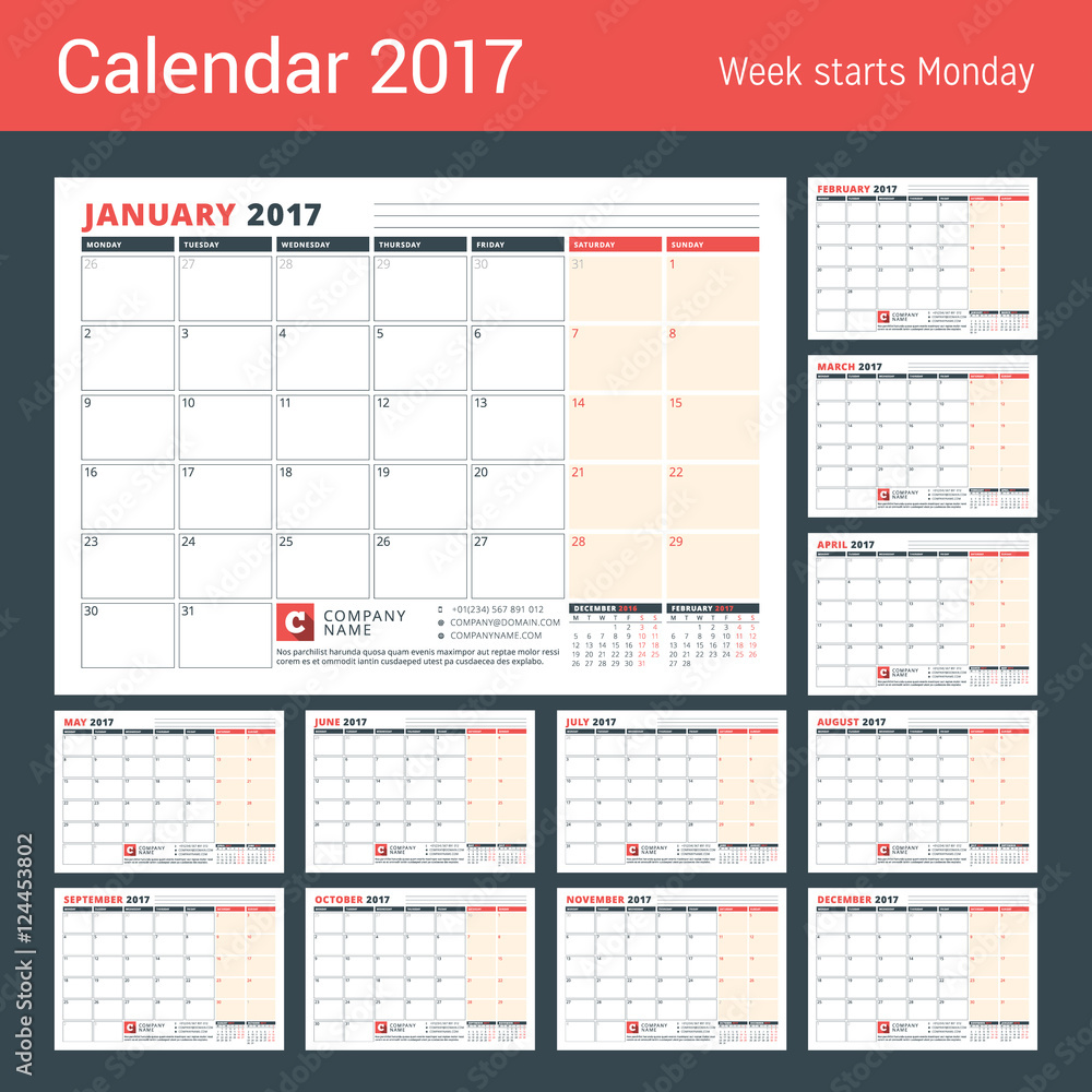 Calendar Template for 2017 Year. Business Planner 2017 Template. Stationery Design. Week starts Monday. 3 Months on the Page. Vector Illustration Calendar Template for 2017 Year. Business Planner 2017 Template. Stationery Design. Week starts Monday. 3 Months on the Page. Vector Illustration