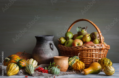 Still life in a rustic style. Autumn collection. Harvest. Natural light from the window.